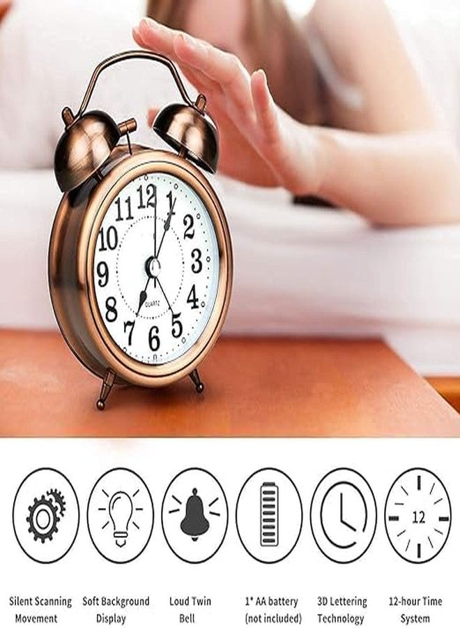 DRONTER Vintage Twin Bell Analog Display Table Alarm Clock with Night LED Light Heavy Slippers Extra Loud Alarm Clock Ideal for Student & Kids Bedroom (Copper) - Image 4